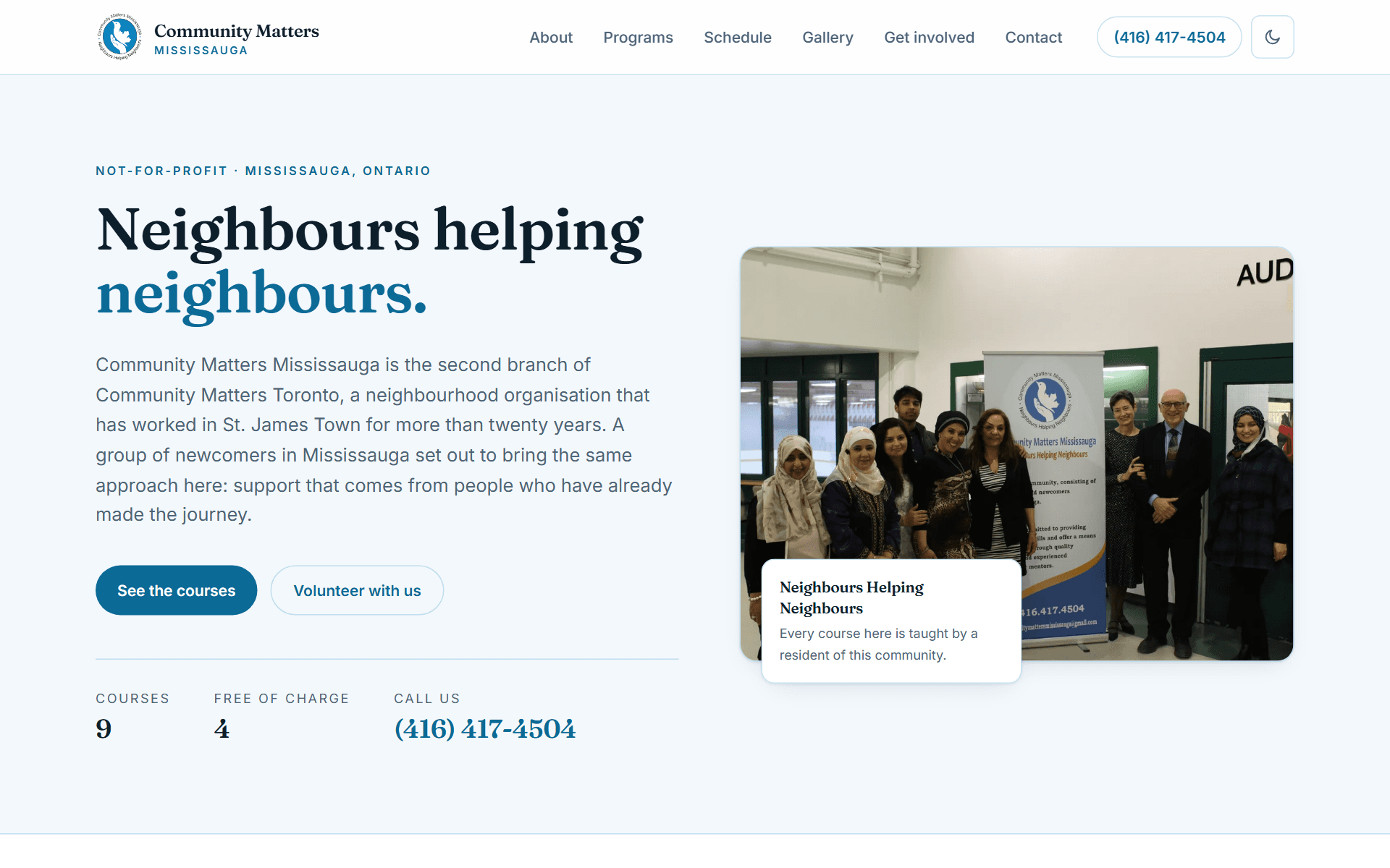 The Community Matters Mississauga site, showing the organisation’s own photograph of its members and the courses it runs.