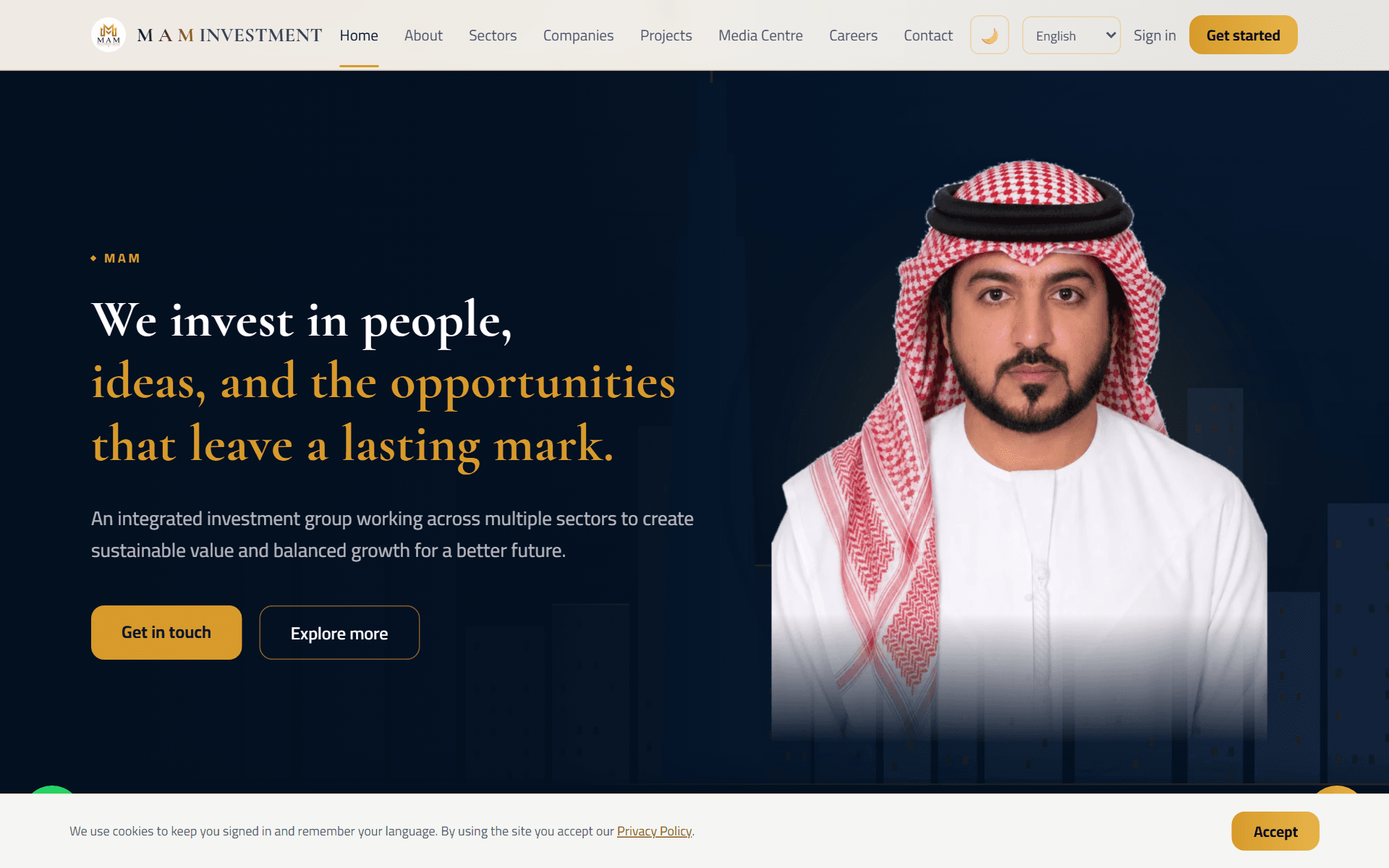 The MAM Investment website as it serves today, with its own logo, navy and gold identity, and navigation across sectors, companies and projects.